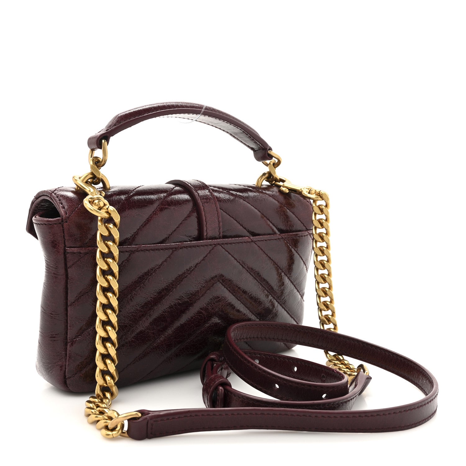 Saint Laurent Shiny Calfskin Matelasse Chevron Monogram Mini College Bag Deep Hot Wine 3 of 10