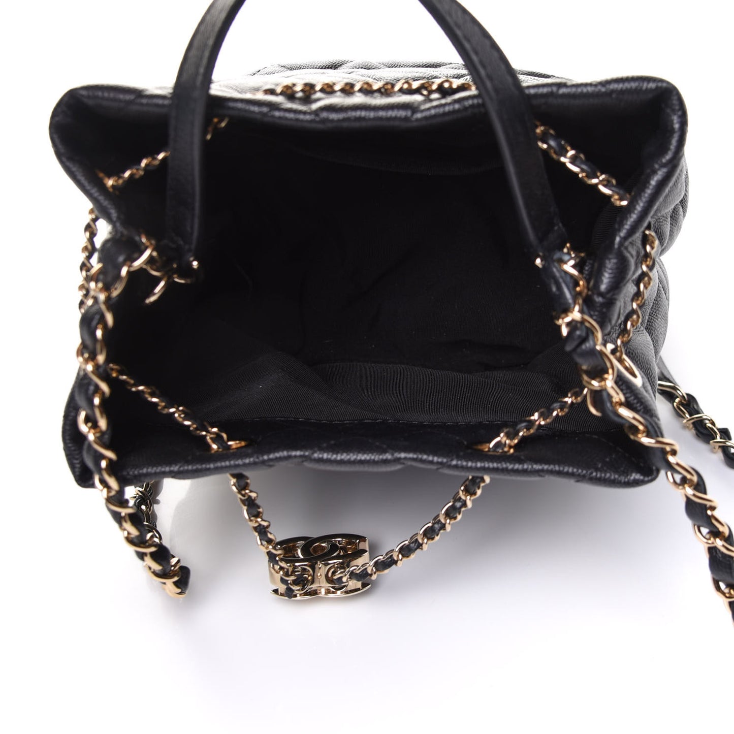 Caviar Quilted Rolled Up Bucket Drawstring Bag Black