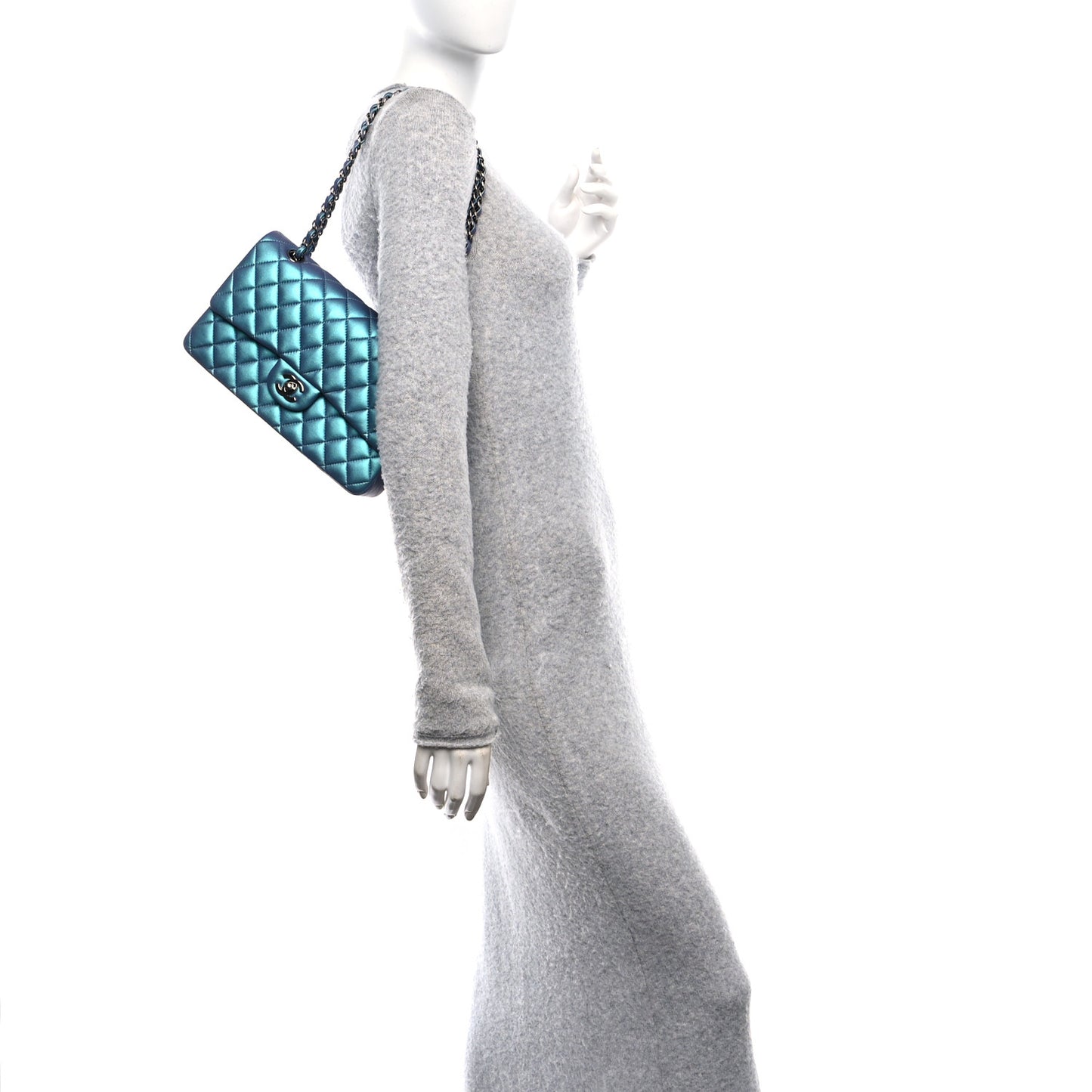 Metallic Lambskin Quilted Medium Double Flap Turquoise