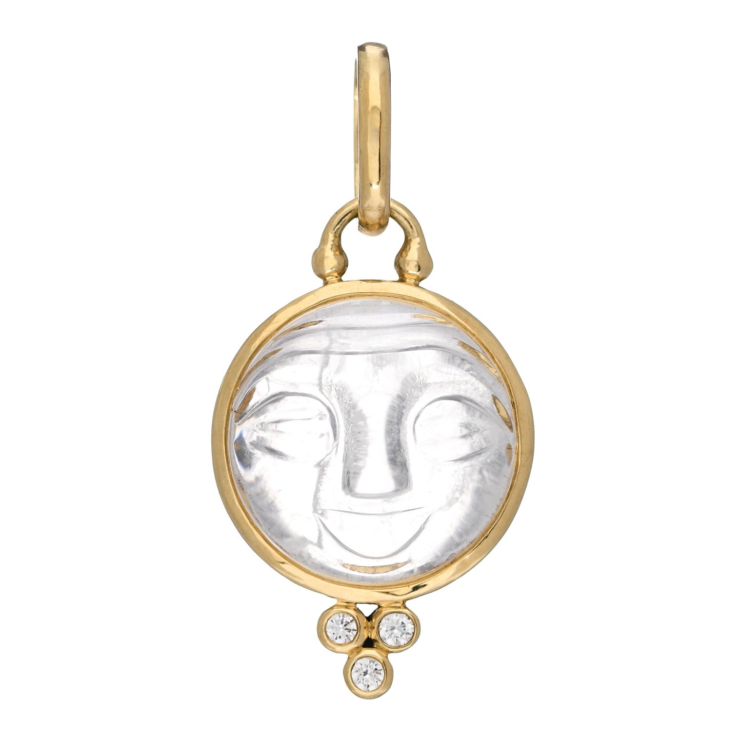 18K Yellow Gold Diamond Rock Crystal 15mm Moonface Pendant
