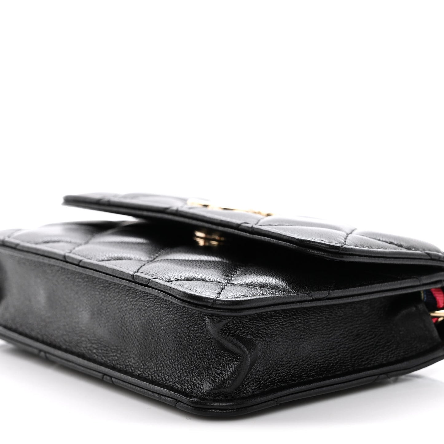 Shiny Lambskin Ribbon Quilted Flap Belt Bag Black