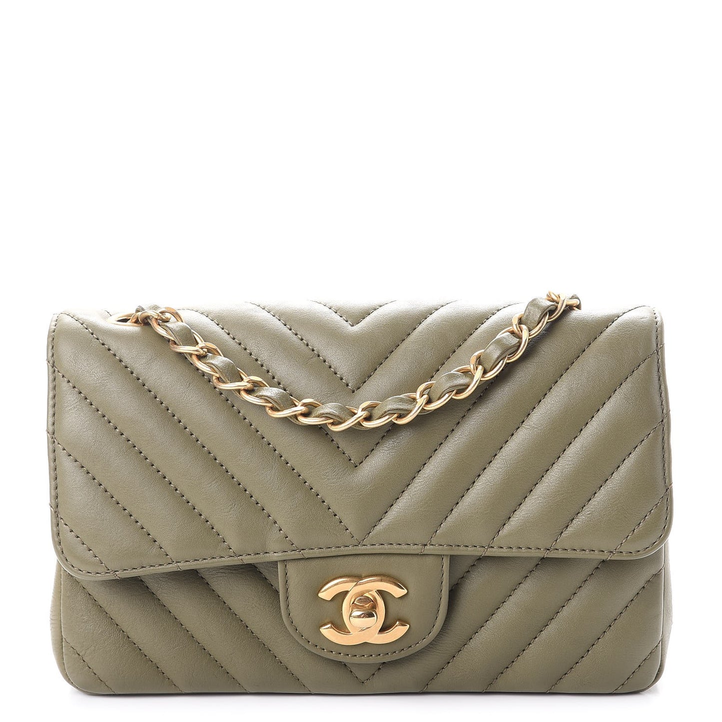 Calfskin Chevron Quilted Mini Rectangular Flap Khaki
