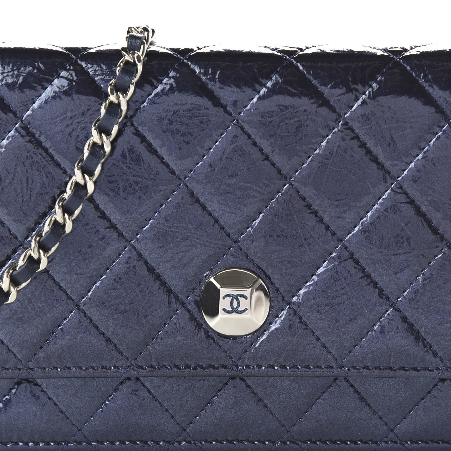Patent Metallic Crumpled Calfskin Quilted Wallet On Chain WOC Navy