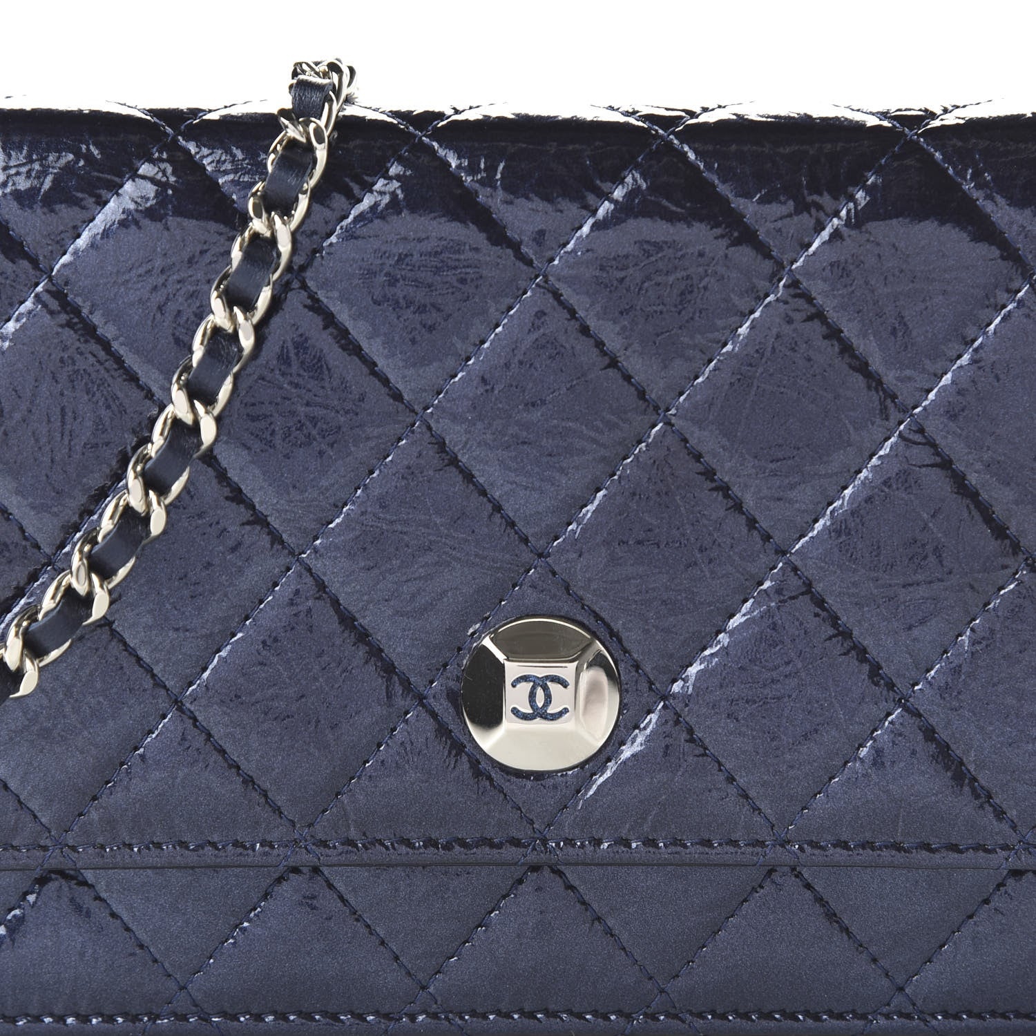 Chanel Patent Metallic Crumpled Calfskin Quilted Wallet On Chain WOC Navy 11 of 12