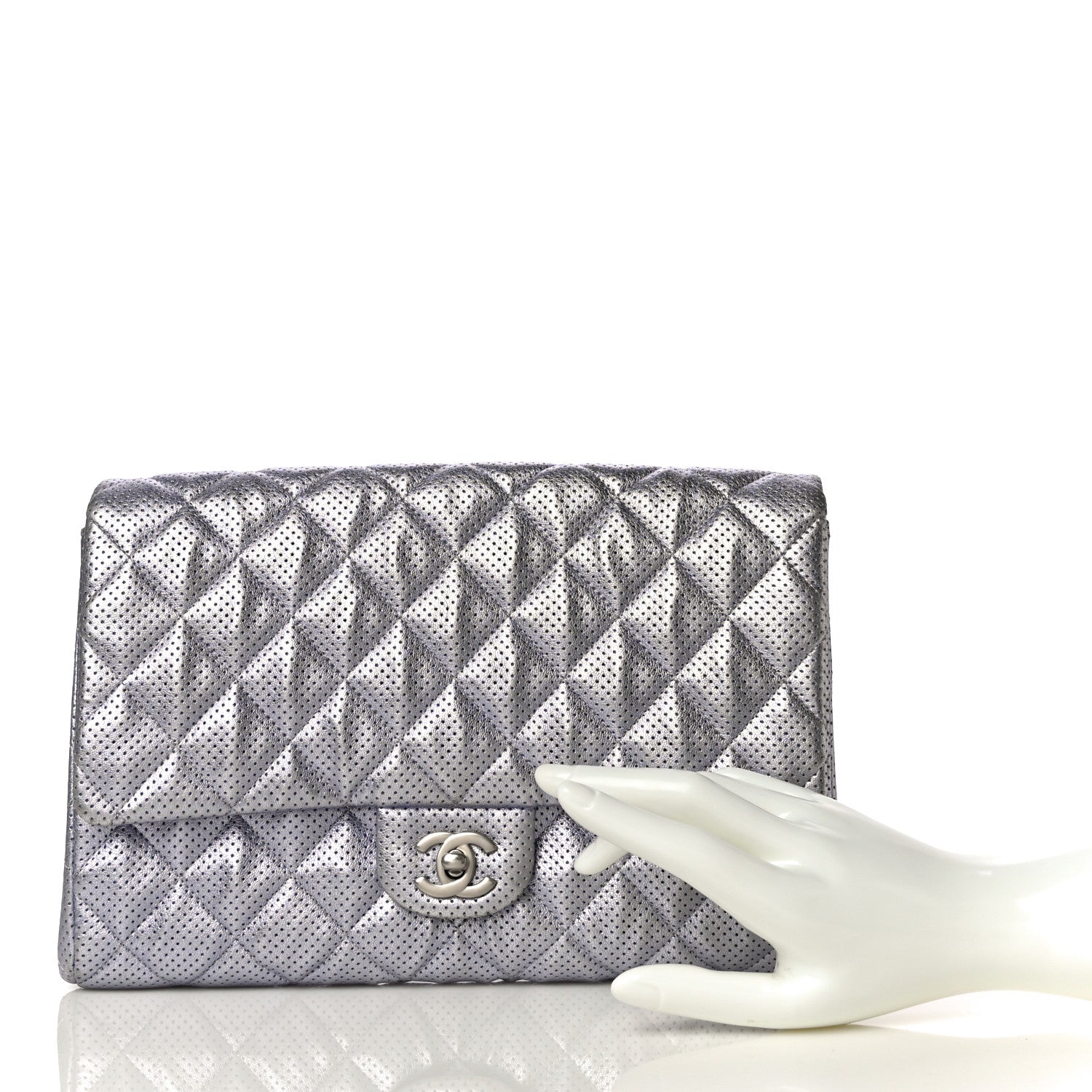 Chanel Metallic Perforated Lambskin Quilted Clutch With Chain Flap Silver 2 of 11