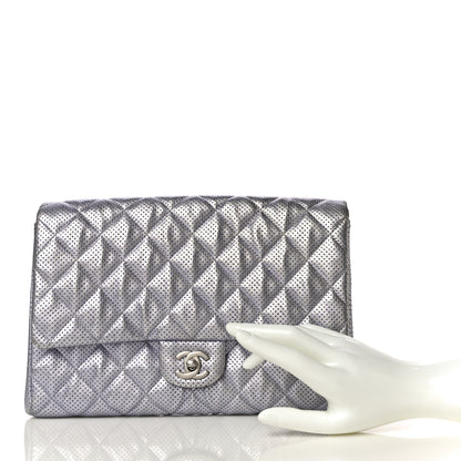 Chanel Metallic Perforated Lambskin Quilted Clutch With Chain Flap Silver 2 of 11