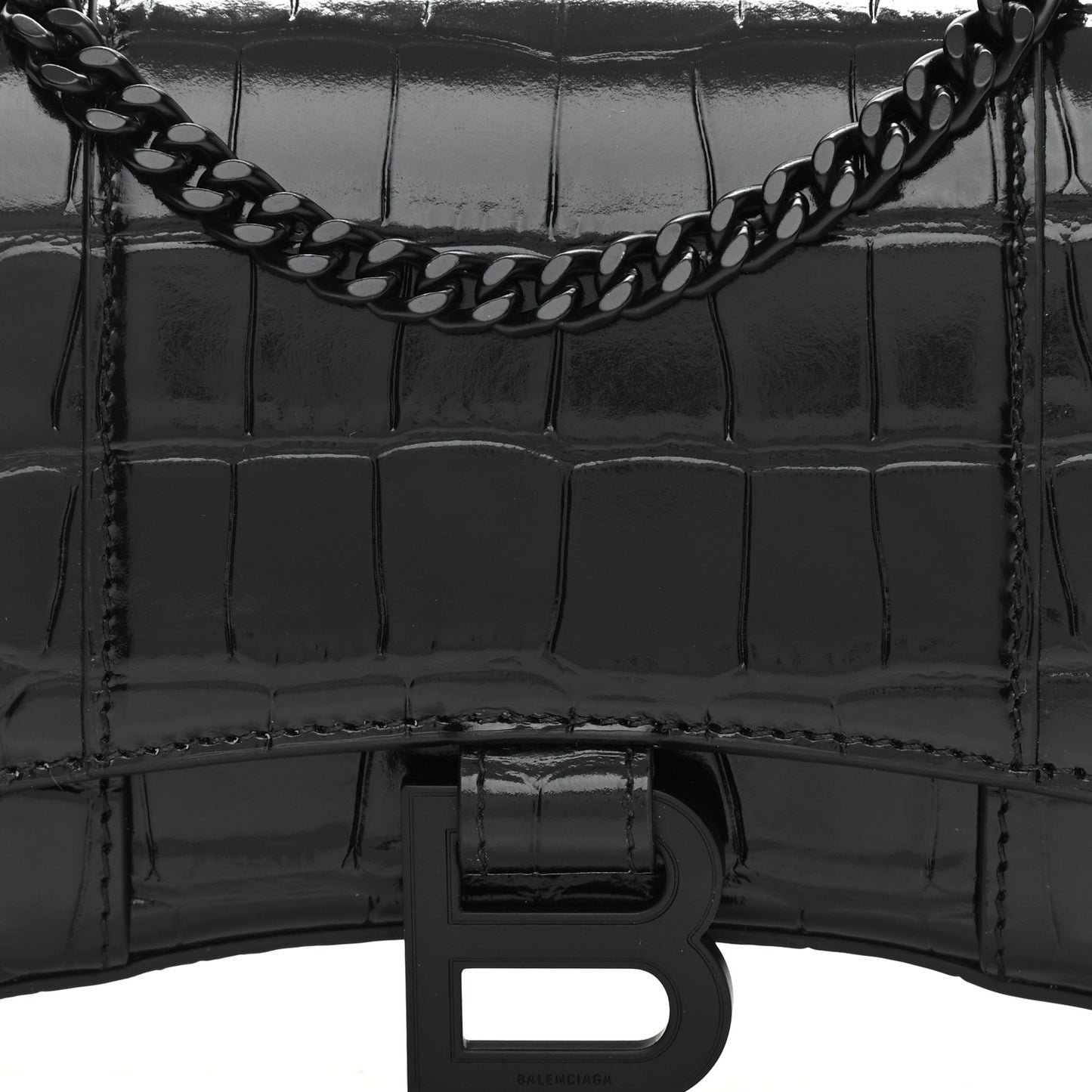 Shiny Calfskin Monochrome Crocodile Embossed Hourglass Chain Bag Black