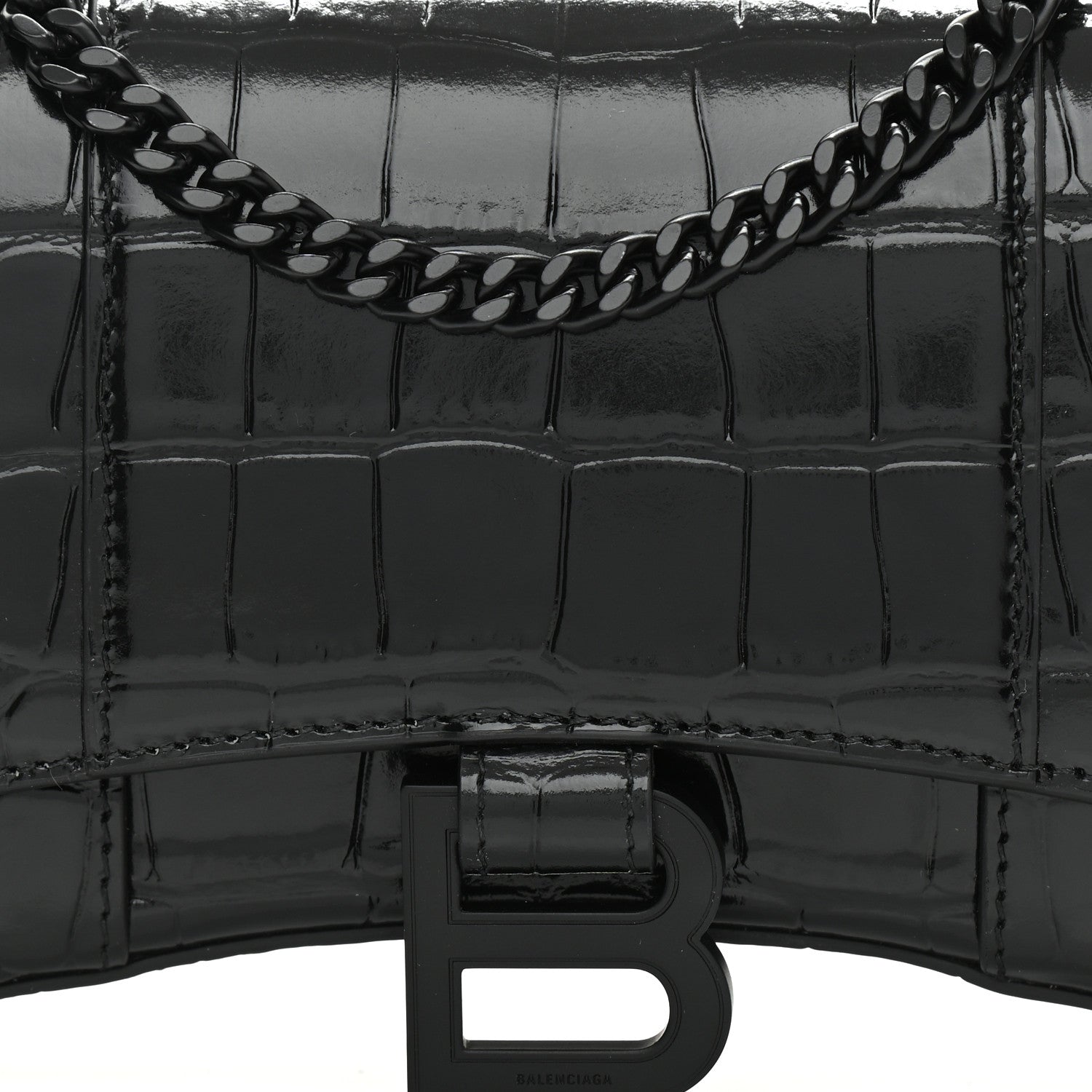 Balenciaga Shiny Calfskin Monochrome Crocodile Embossed Hourglass Chain Bag Black 7 of 9