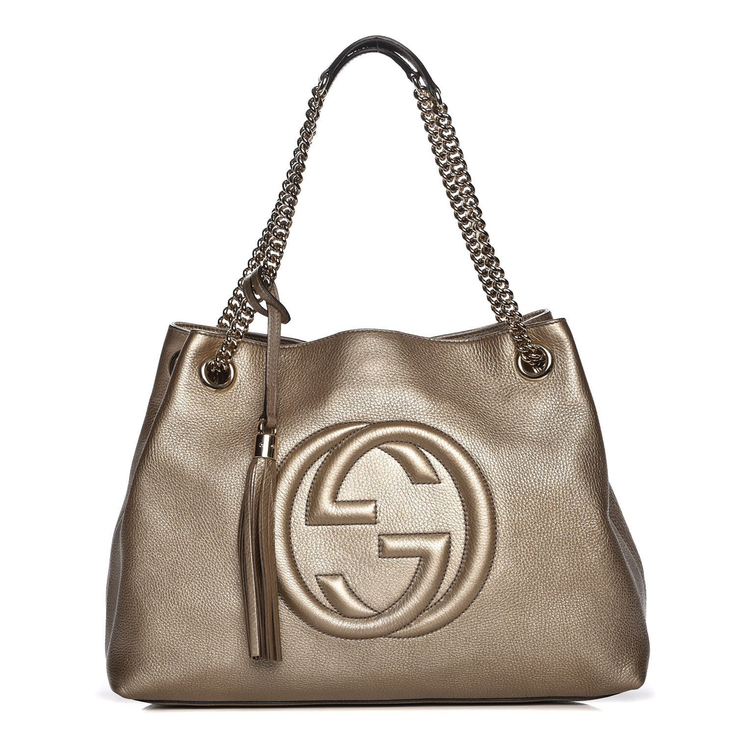Metallic Pebbled Calfskin Medium Soho Chain Shoulder Bag Golden Beige