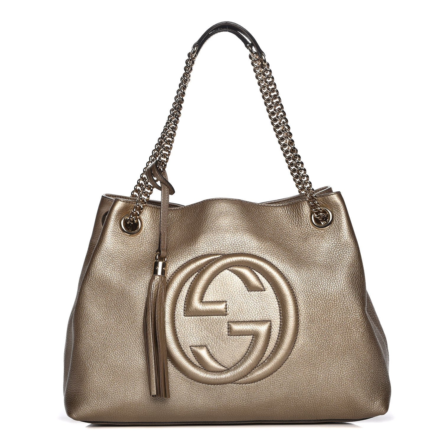 Gucci Metallic Pebbled Calfskin Medium Soho Chain Shoulder Bag Golden Beige 1 of 7