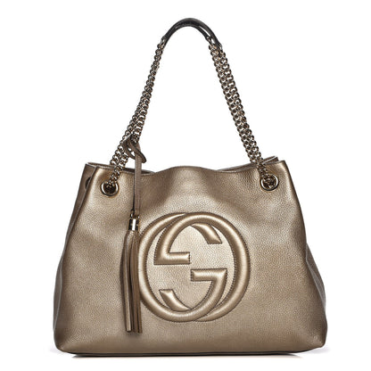 Gucci Metallic Pebbled Calfskin Medium Soho Chain Shoulder Bag Golden Beige 1 of 7