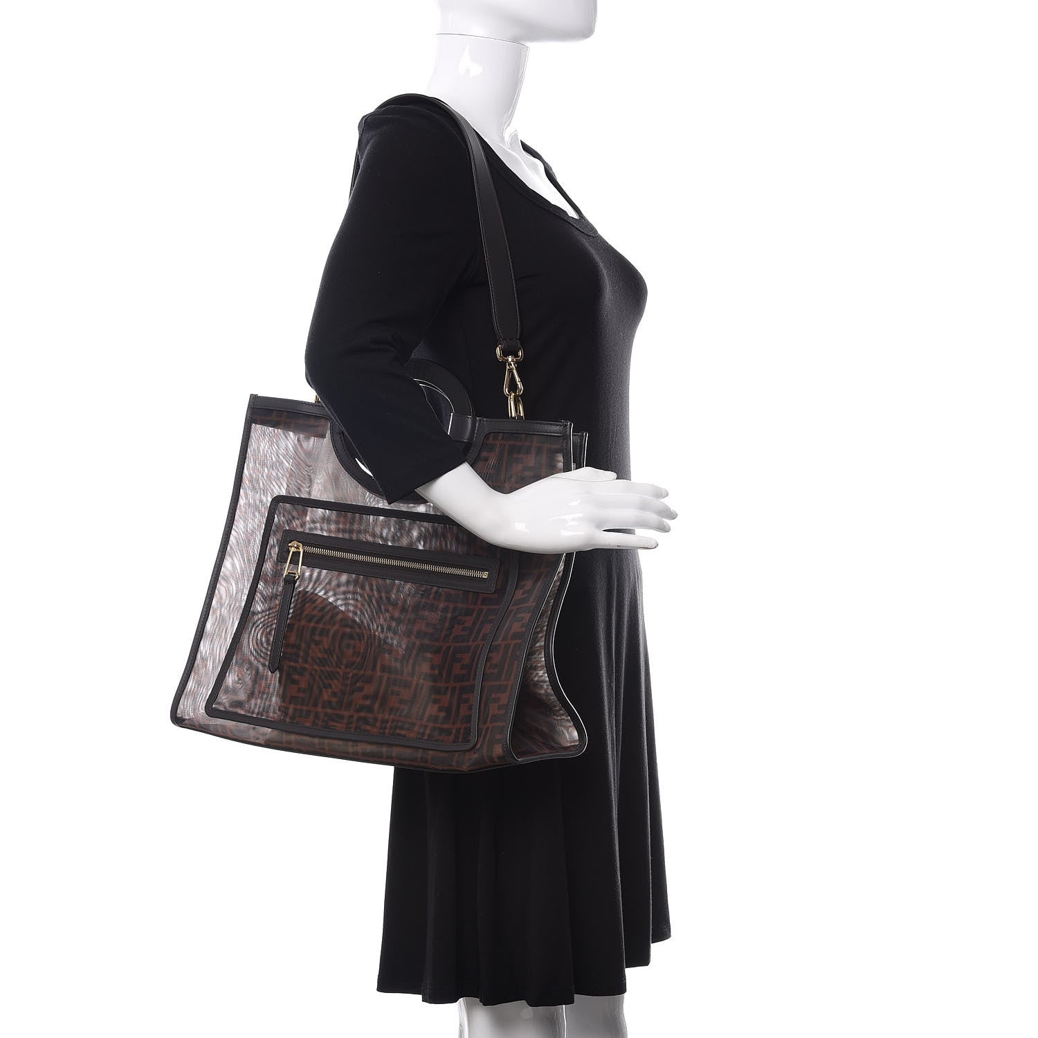 Fendi Mesh Vitello Century Cuoio FF 1974 Medium Runaway Shopper Tote Marrone Black Ebano 2 of 11