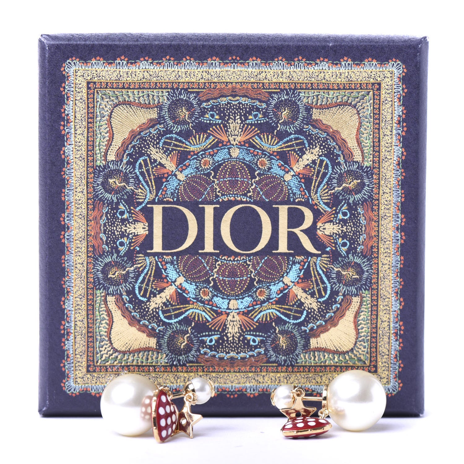 Christian Dior Pearl Heart Dioramour Tribal Earrings Gold Red 5 of 5