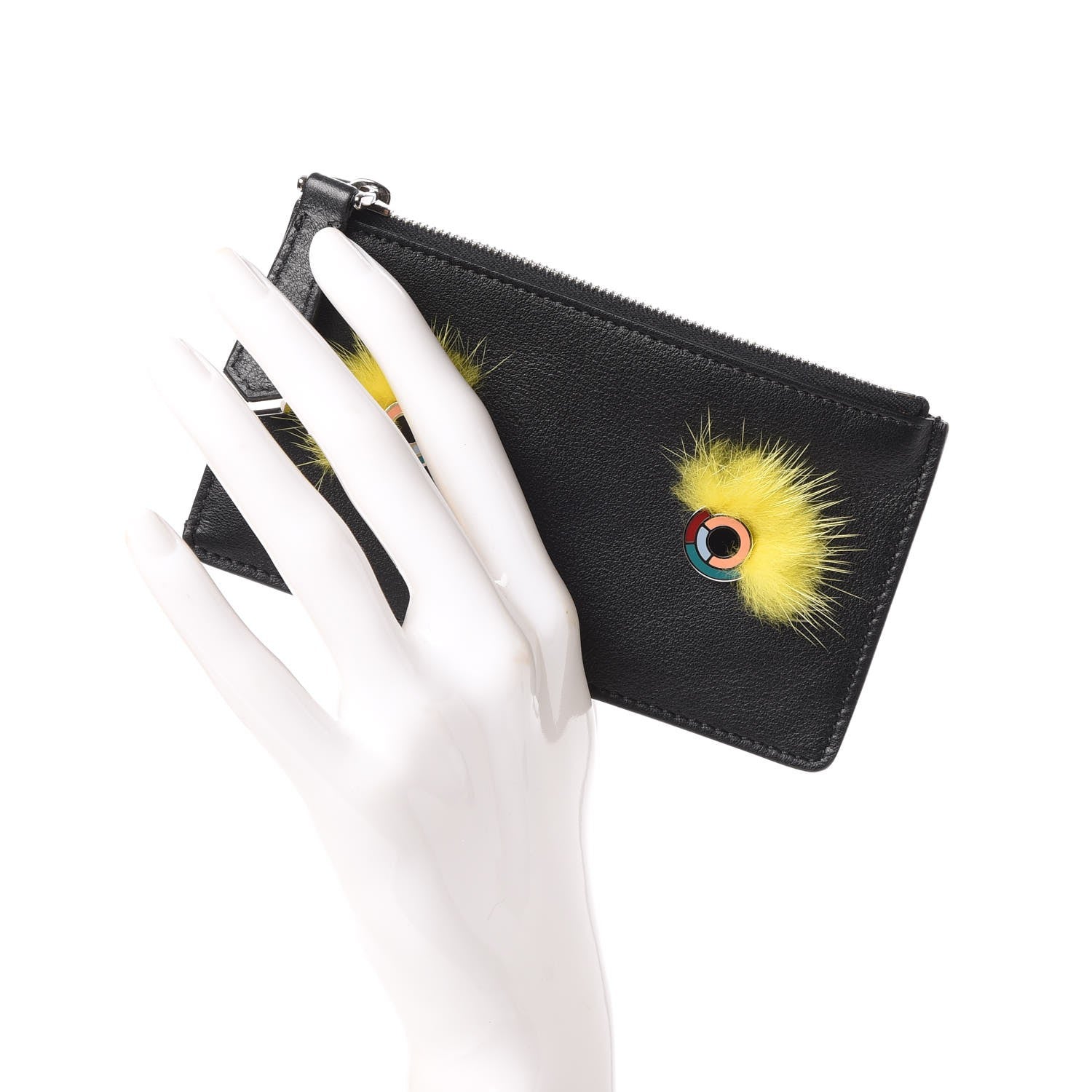 Fendi Vitello Dolce Mink Fur Hypnoteyes Zip Card Holder Black Yellow 2 of 8