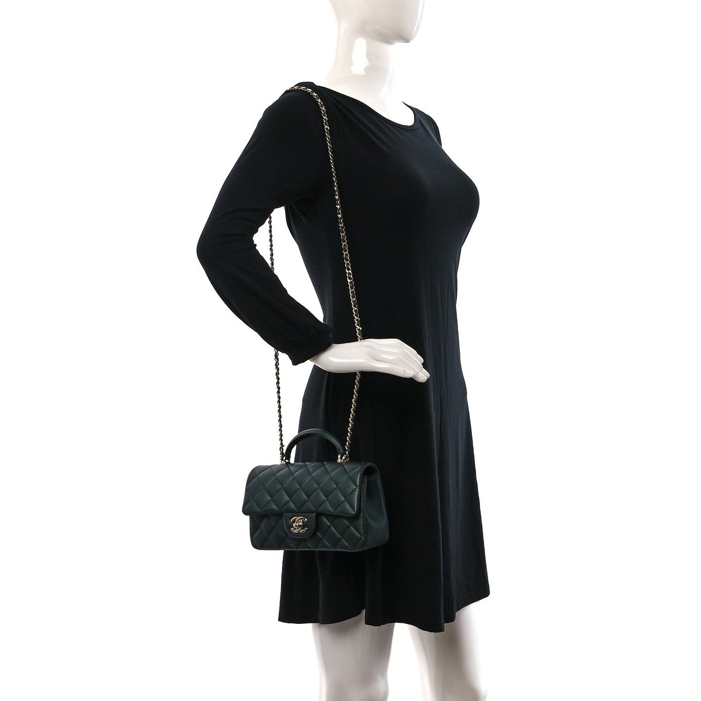Iridescent Lambskin Quilted Mini Top Handle Rectangular Flap Dark Green