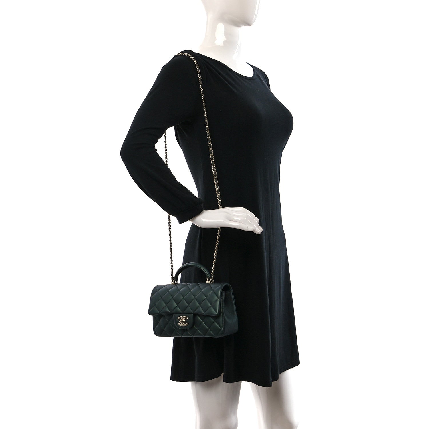 Chanel Iridescent Lambskin Quilted Mini Top Handle Rectangular Flap Dark Green 2 of 10