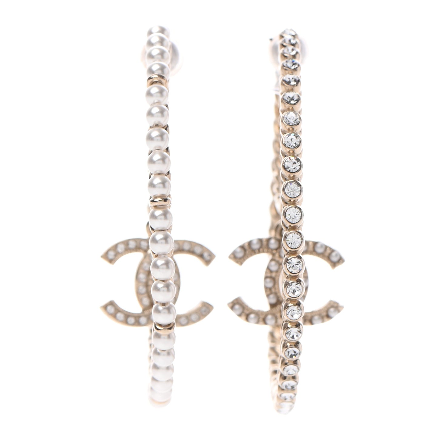 Crystal Pearl CC Drop Hoop Earrings Gold Pearly White