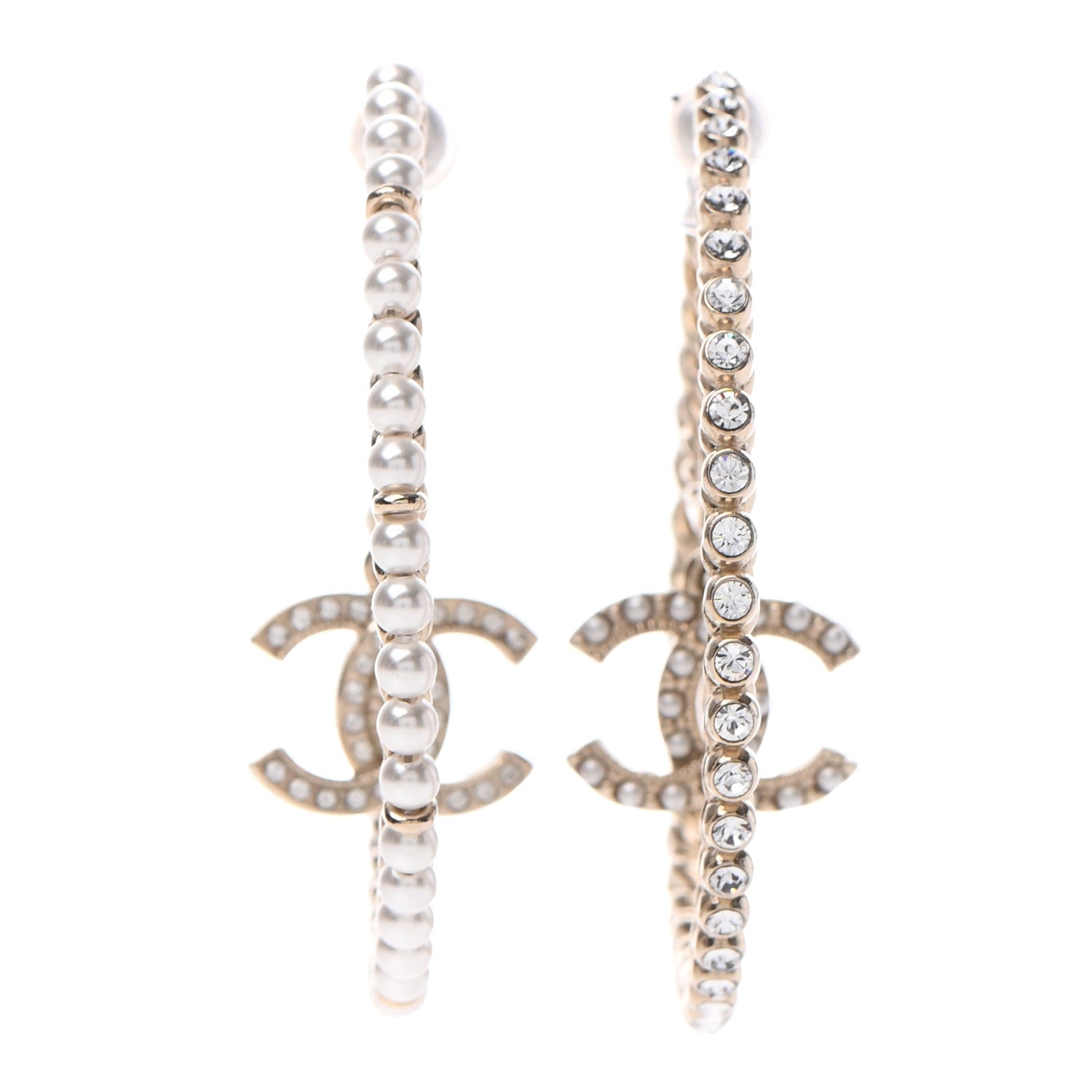 Chanel Crystal Pearl CC Drop Hoop Earrings Gold Pearly White 1 of 5