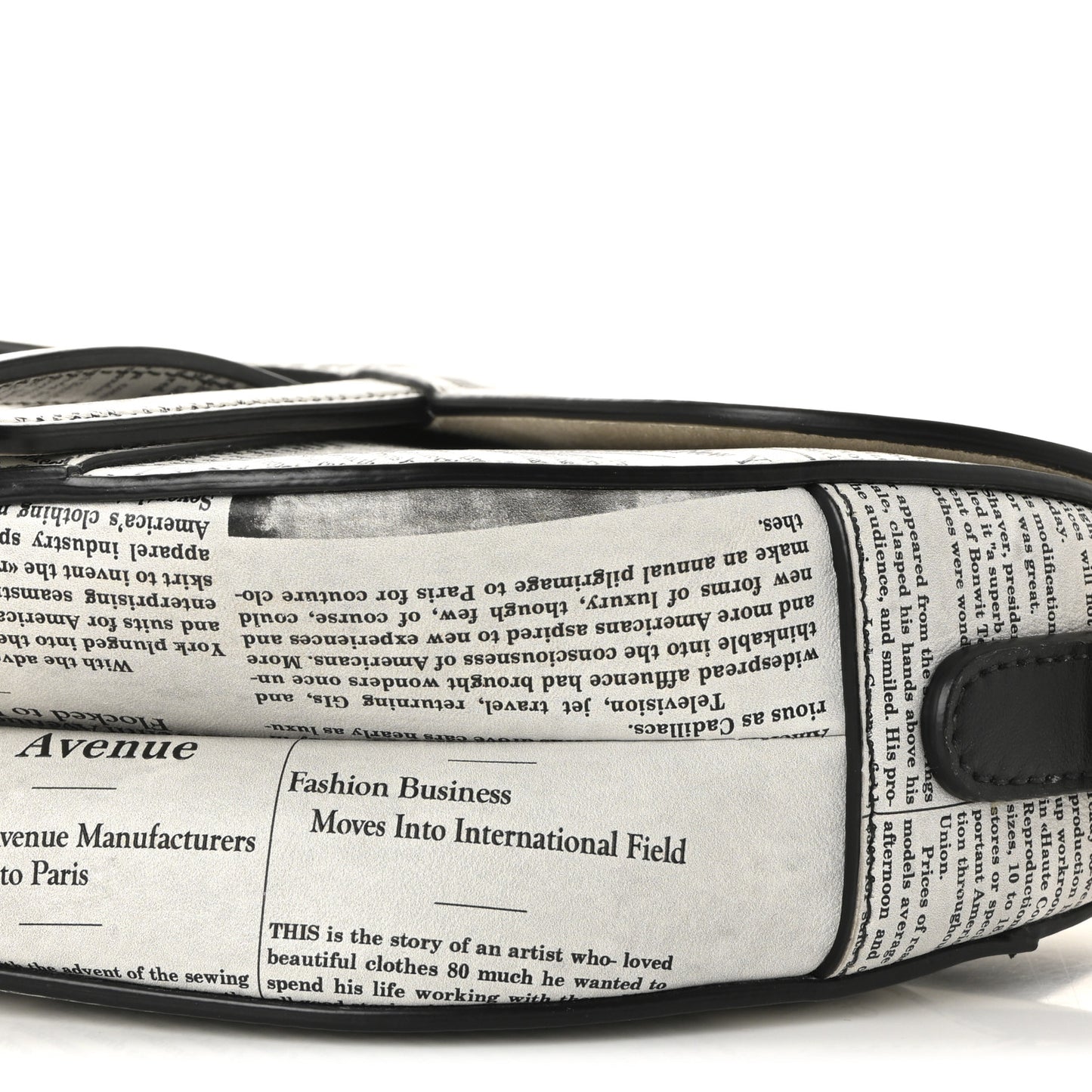Calfskin Newspaper Printed Saddle Bag With Strap Black White