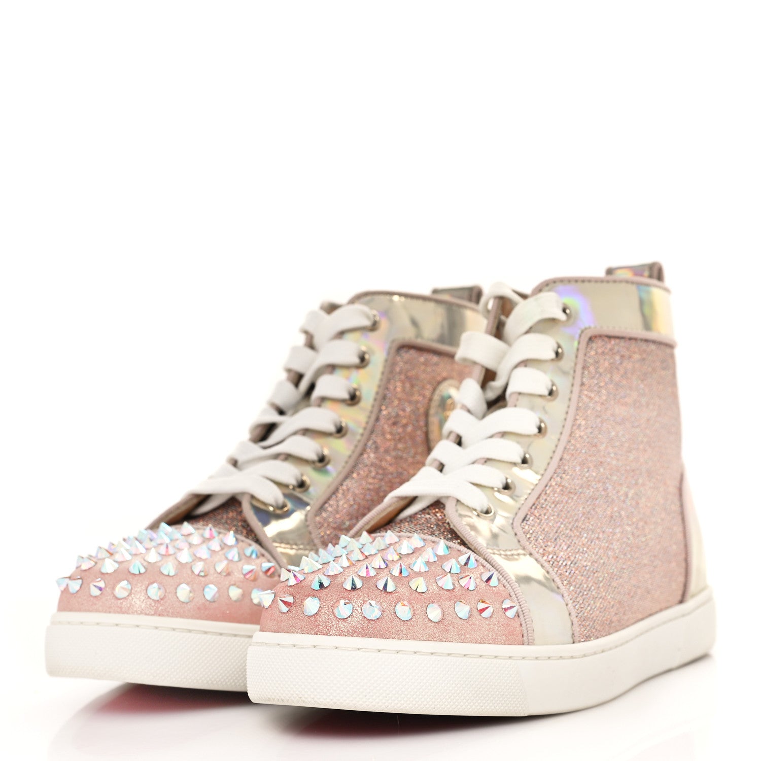 Christian Louboutin Lurex Specchio Suede Spikes Krystal Louis Flat Sneakers 37.5 Nude 3 of 9