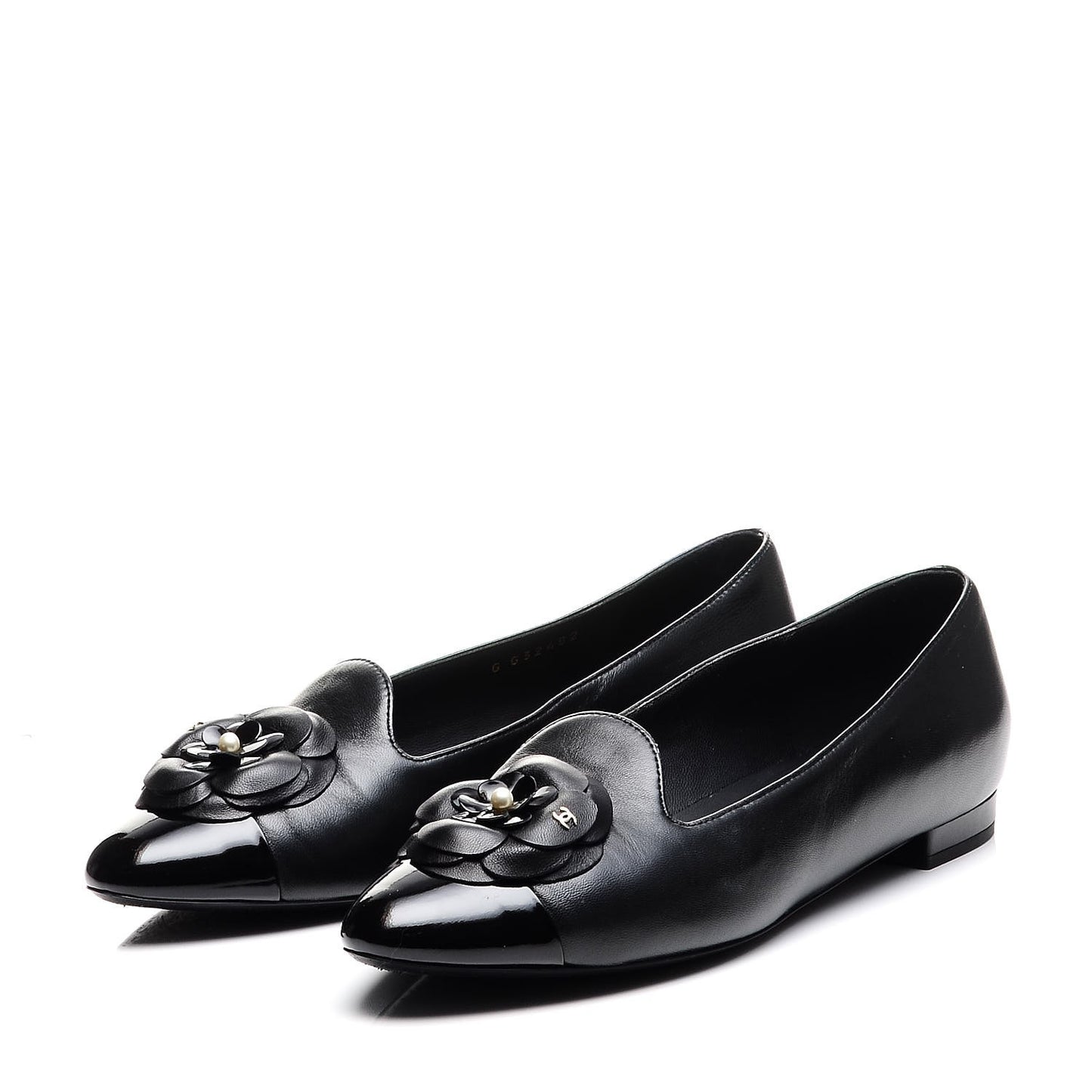 Lambskin Patent Calfskin Camellia Cap Toe Loafers 38 Black