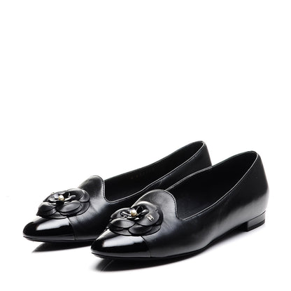 Chanel Lambskin Patent Calfskin Camellia Cap Toe Loafers 38 Black 3 of 10