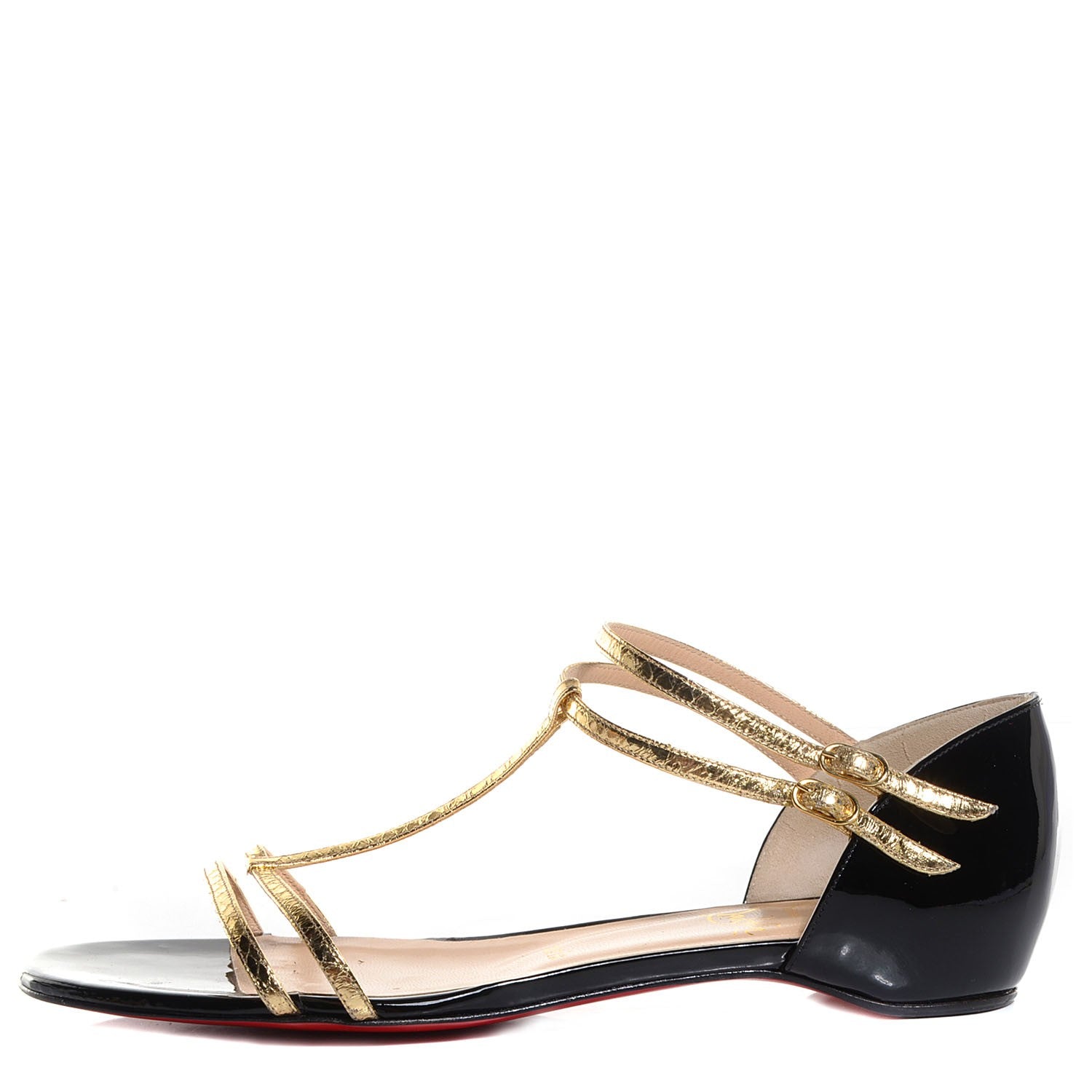 Christian Louboutin Metallic Ayers Arnold T-Strap Flat Sandals Gold Black 37.5 1 of 7