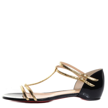 Christian Louboutin Metallic Ayers Arnold T-Strap Flat Sandals Gold Black 37.5 1 of 7