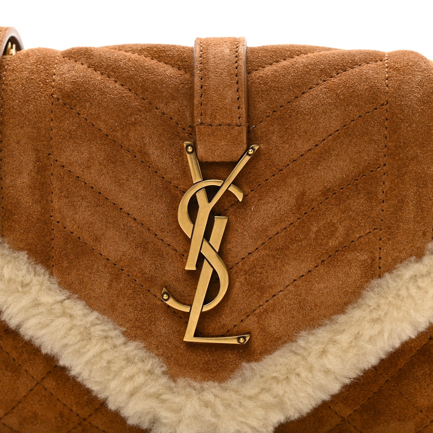 Nubuck Shearling Mixed Matelasse Triquilt Small Monogram Satchel Ivory Natural Tan