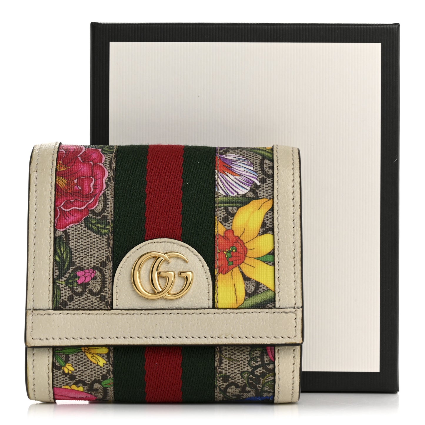GG Supreme Monogram Flora Textured Calfskin Web Ophidia Card Case Wallet Beige Ebony Multicolor Mystic White