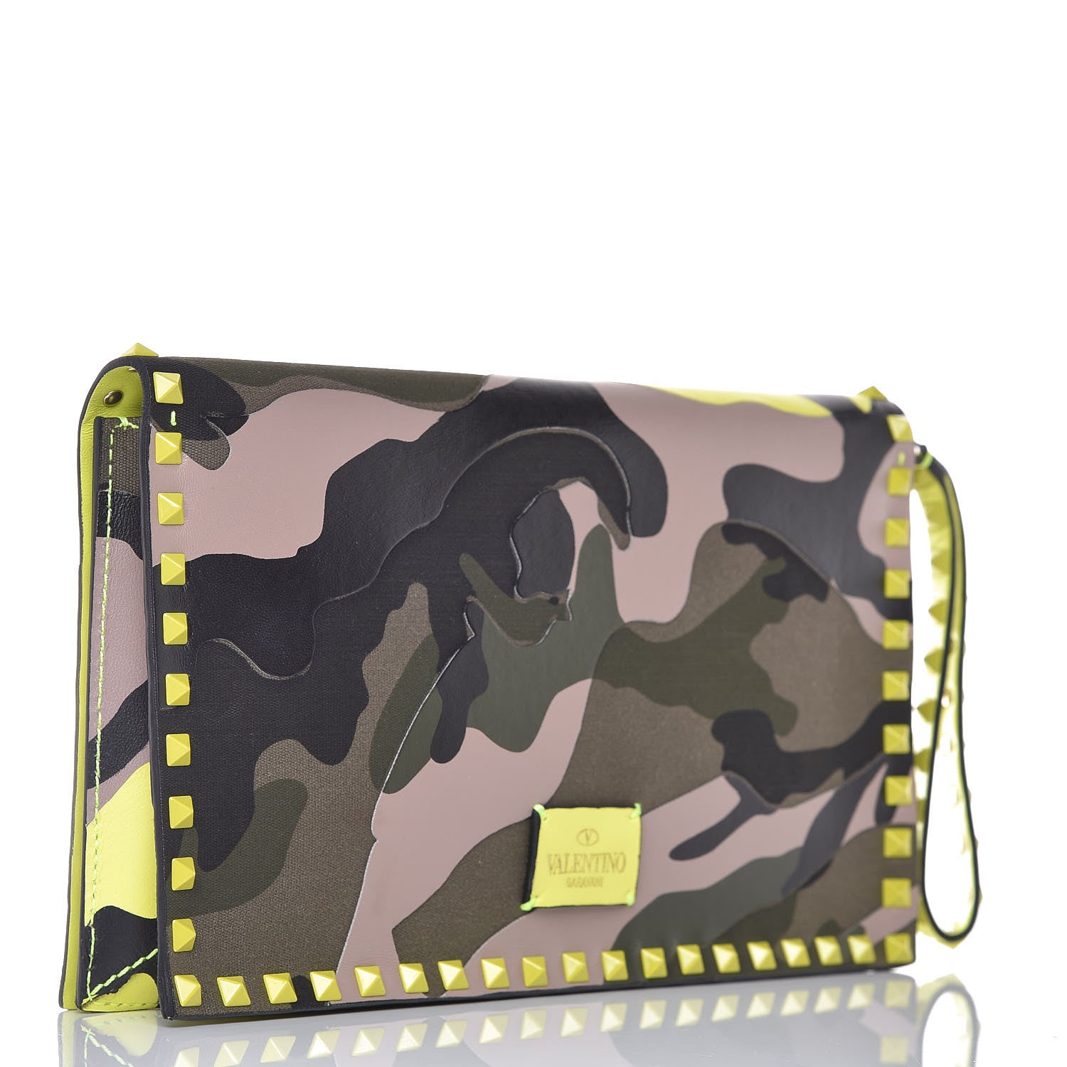 Valentino Garavani Nappa Canvas Camouflage Rockstud Wristlet Clutch Yellow Fluo Green 3 of 12
