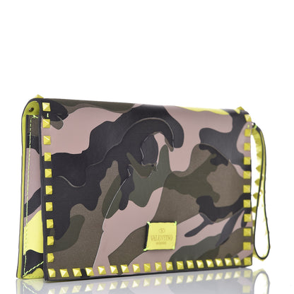 Valentino Garavani Nappa Canvas Camouflage Rockstud Wristlet Clutch Yellow Fluo Green 3 of 12
