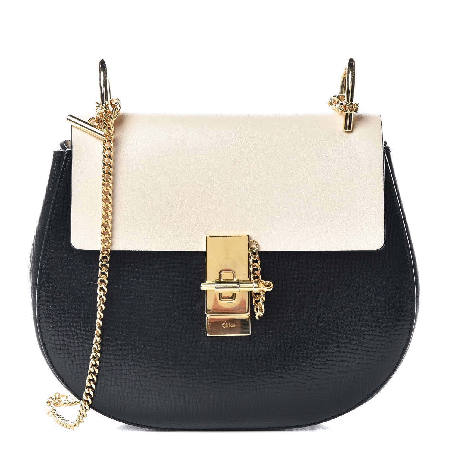 Chloe Grained Calfskin Lambskin Mini Bi-Color Drew Shoulder Bag Black Powder Beige 1 of 9