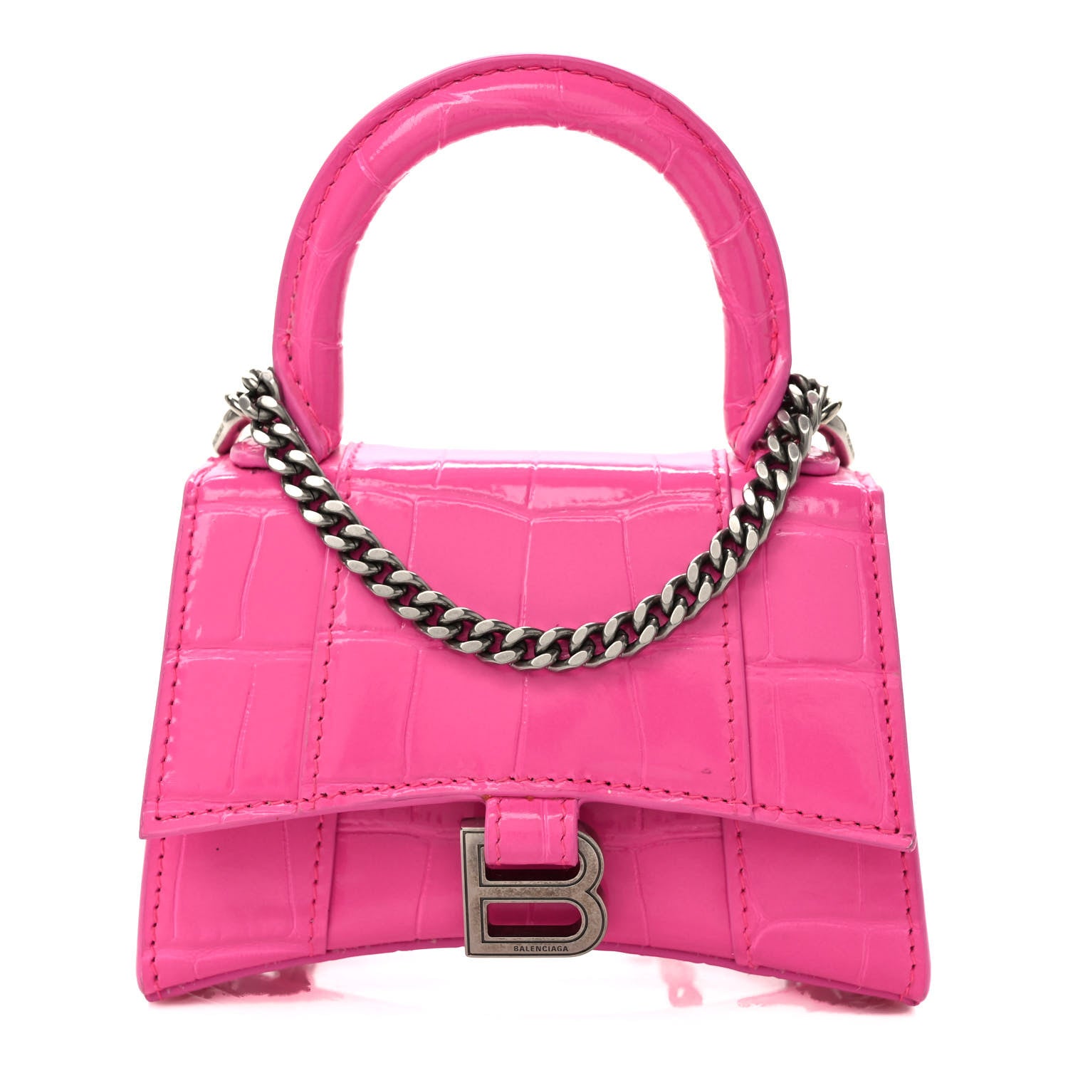 Balenciaga Shiny Calfskin Crocodile Embossed Hourglass Top Handle Bag Mini with Chain Neon Pink 1 of 9