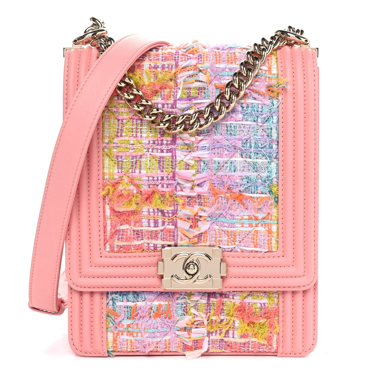 Chanel Calfskin Tweed Quilted North South Boy Flap Pink 1 of 11