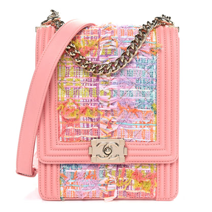 Chanel Calfskin Tweed Quilted North South Boy Flap Pink 1 of 11