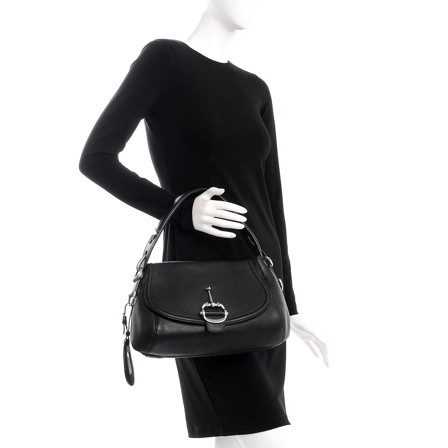 Gucci Pebbled Calfskin Medium Techno Horsebit Shoulder Flap Bag Black 2 of 7