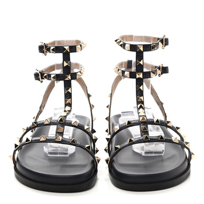 Valentino Garavani Calfskin Bedrock Rockstud Ankle Flat Sandals 40 Dark Blue 2 of 8