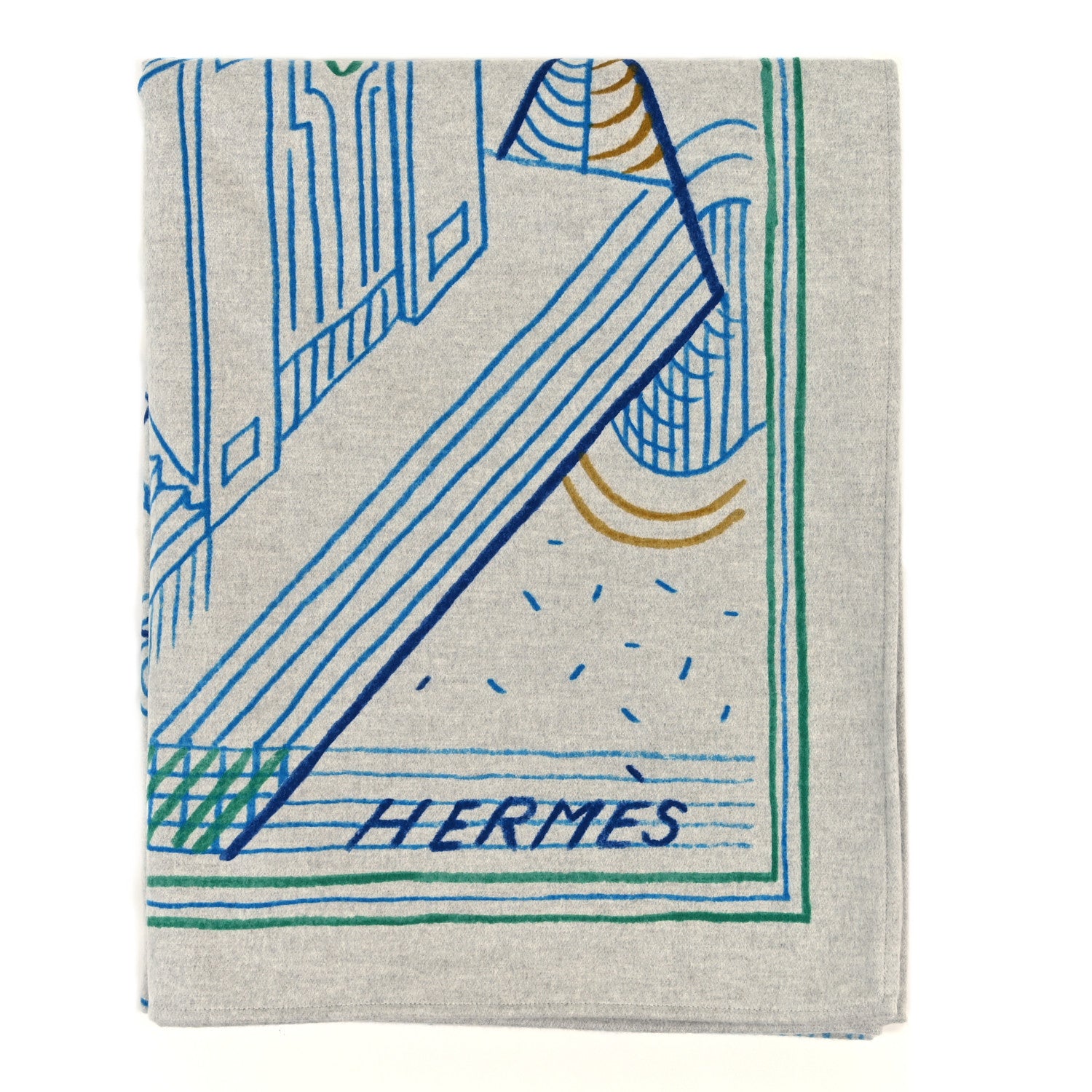 Hermes Wool Cashmere Etages Du Faubourg Blanket Cyan 1 of 4