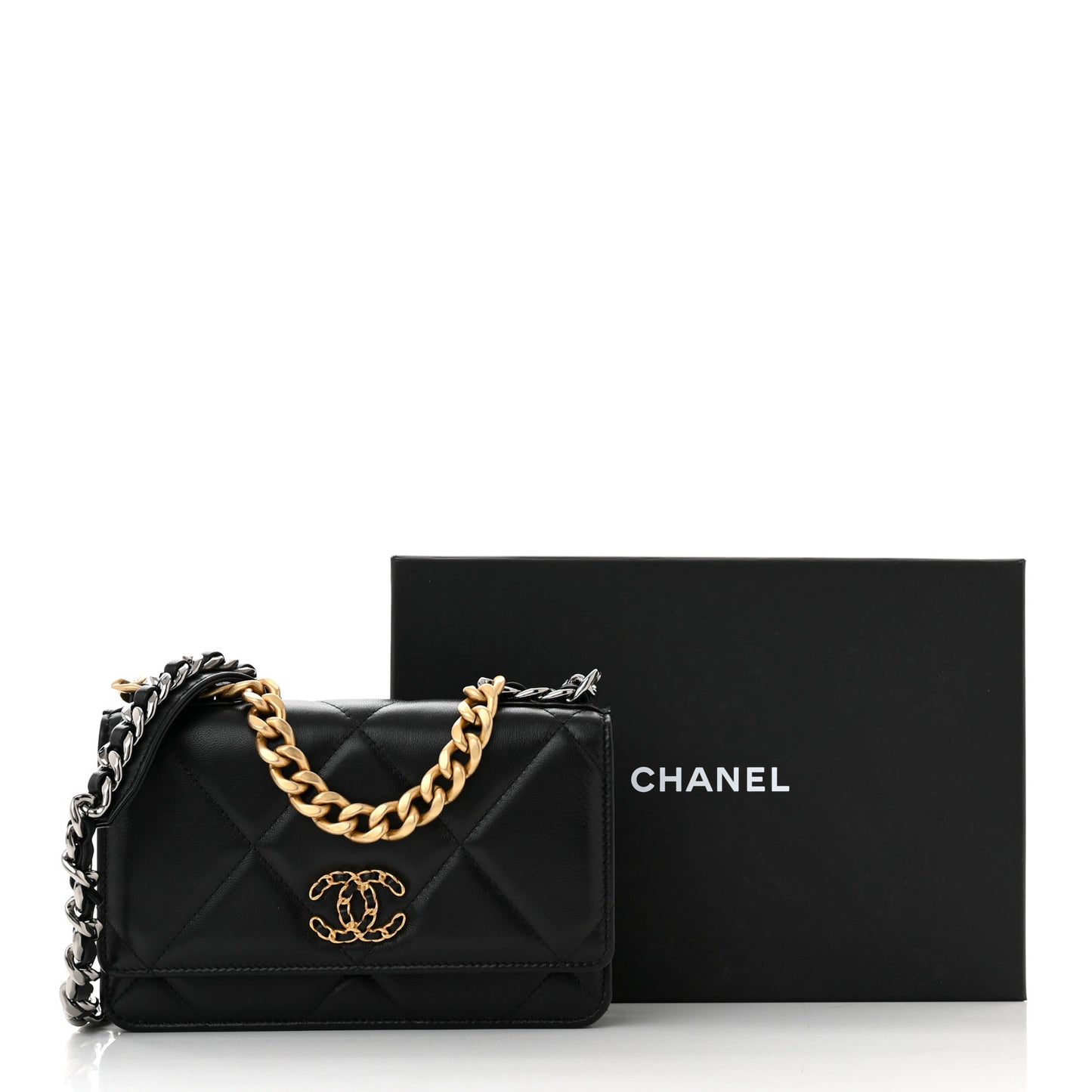 Lambskin Quilted Chanel 19 Wallet On Chain WOC Black