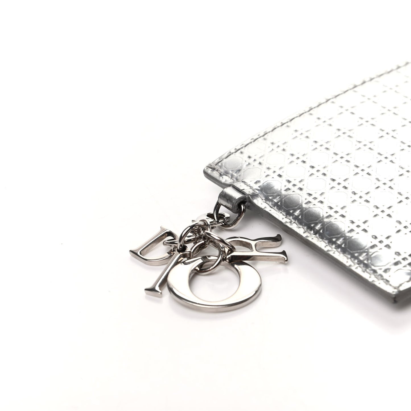 Metallic Patent Micro-Cannage Lady Dior Card Holder Silver