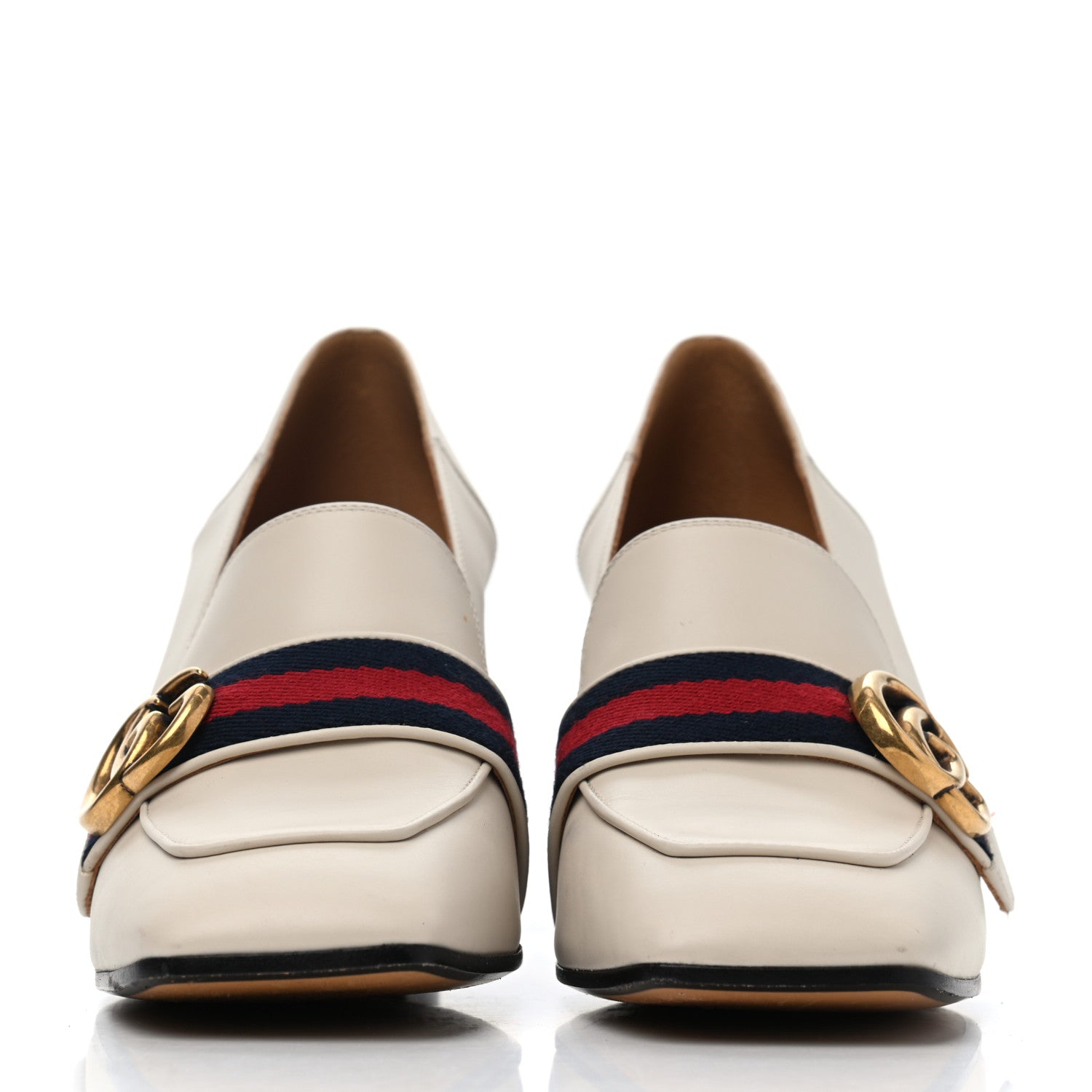 Gucci Betis Glamour Calfskin Web Pearl Embellished Peyton 75mm Loafer Pumps 37.5 Mystic White 2 of 4