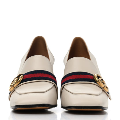 Gucci Betis Glamour Calfskin Web Pearl Embellished Peyton 75mm Loafer Pumps 37.5 Mystic White 2 of 4