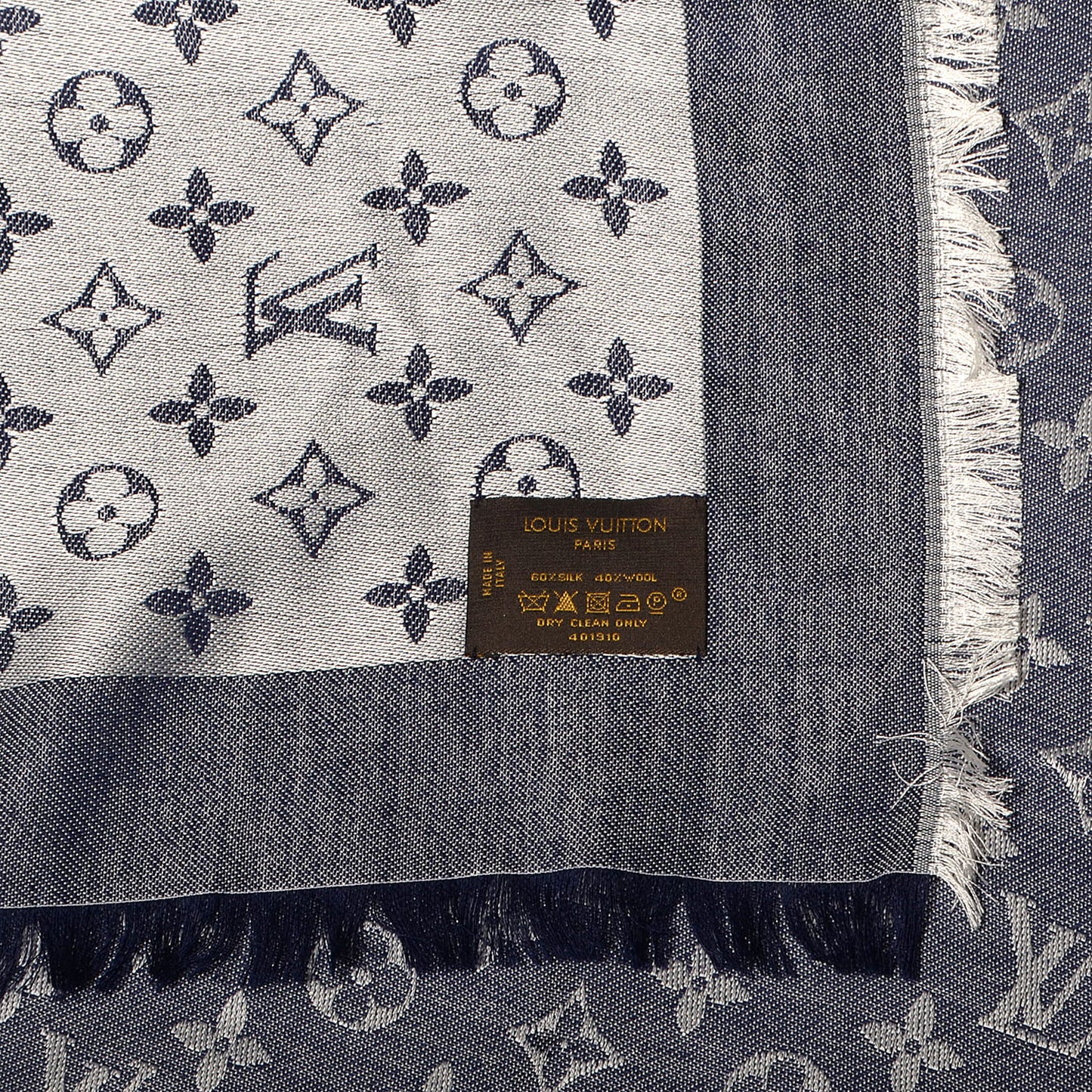 Wool Silk Monogram Denim Shawl Blue