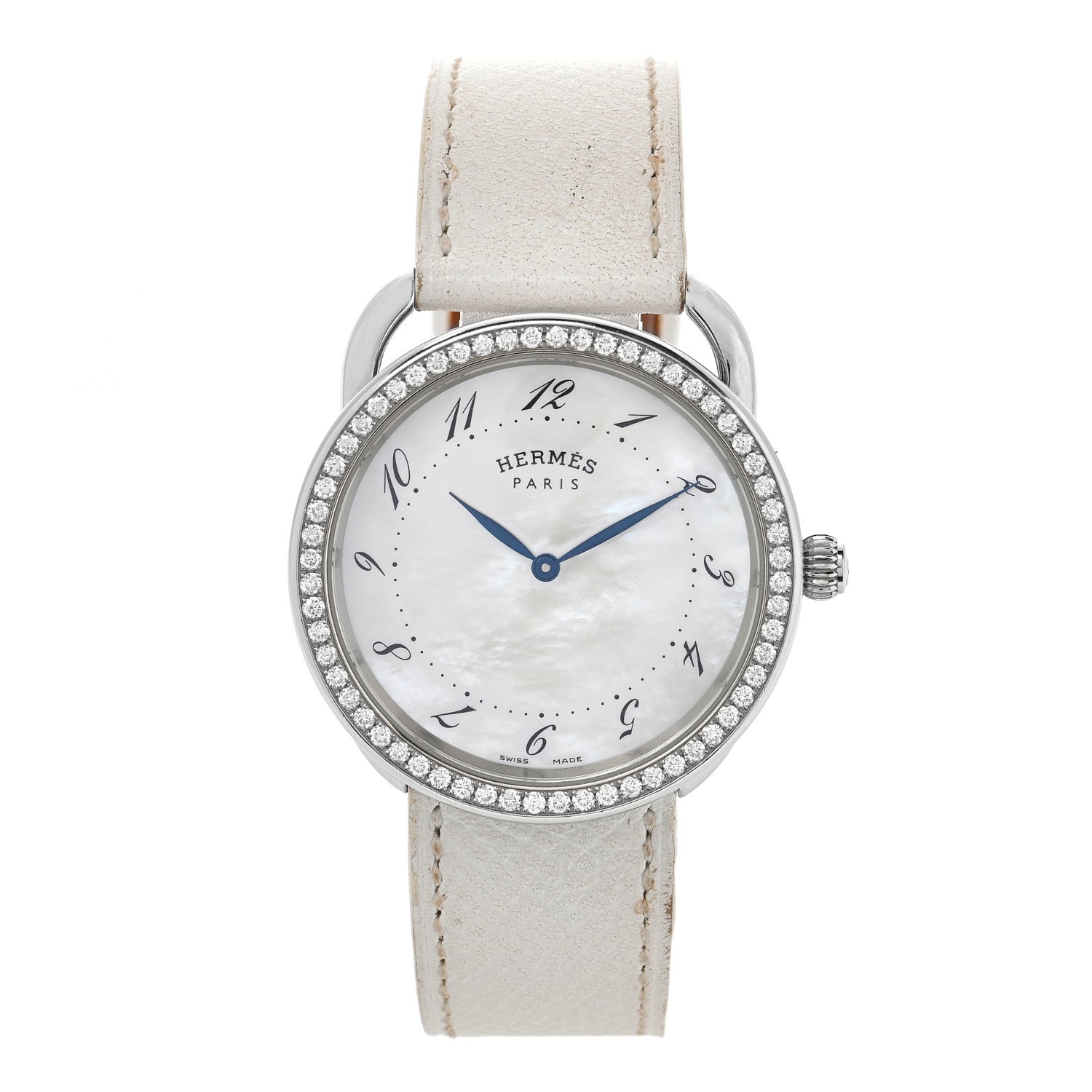 Hermes Stainless Steel Epsom Diamond Bezel Mother of Pearl 38mm Arceau Quartz Watch Blanc 1 of 4