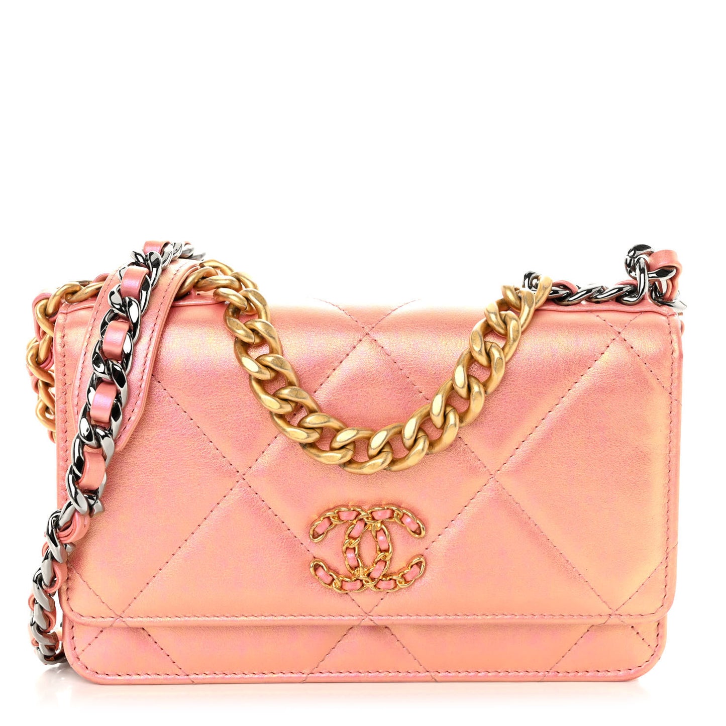Iridescent Calfskin Quilted Chanel 19 Wallet On Chain WOC Pink