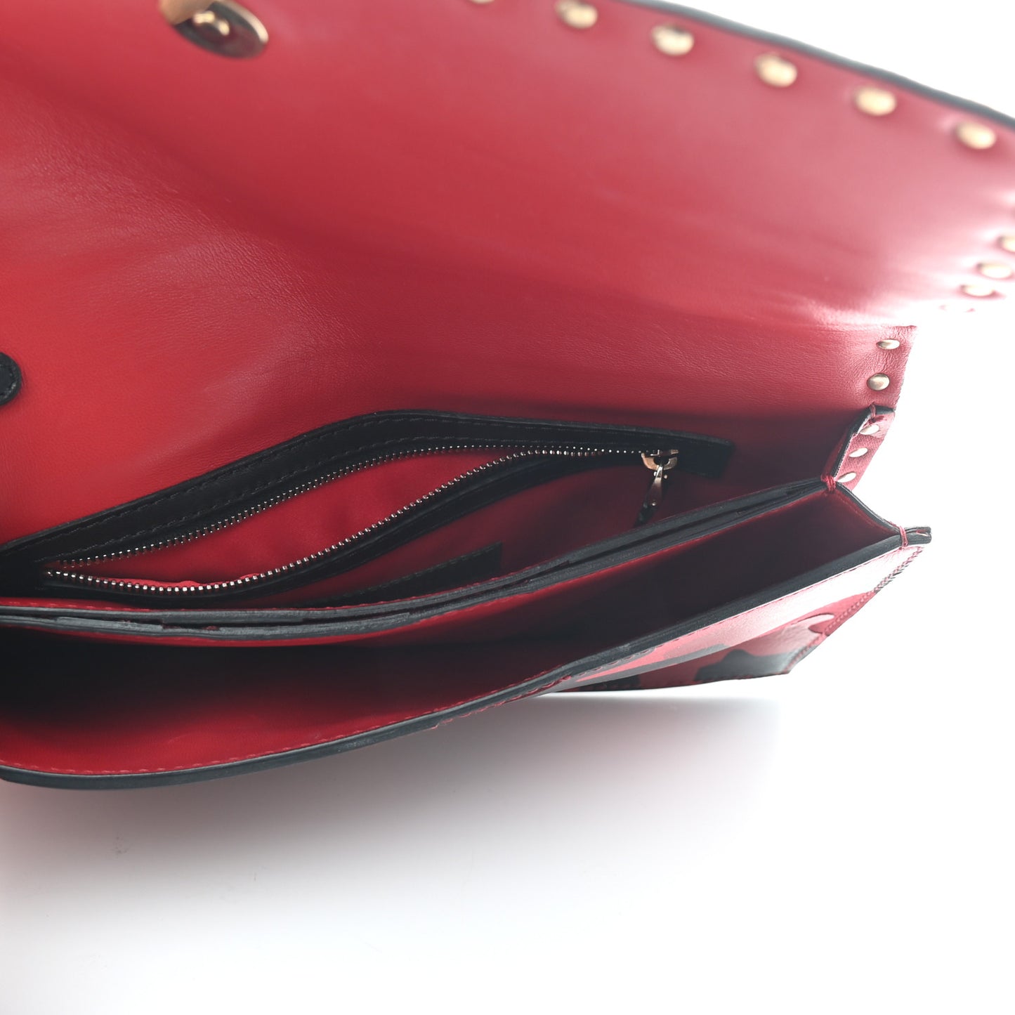 Nappa Canvas Camouflage Rockstud Wristlet Clutch Red Black