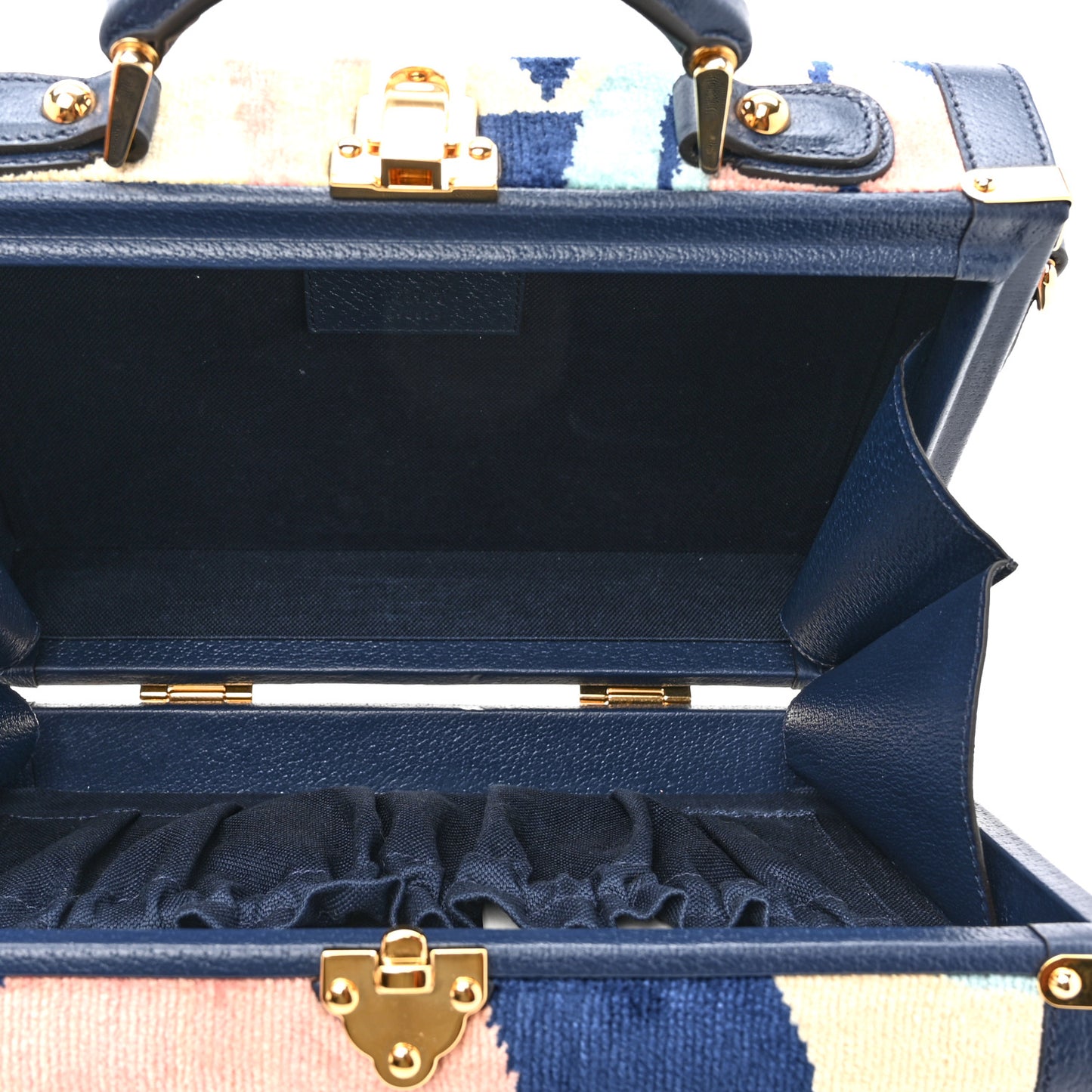 Chenille Textured Dollar Calfskin Print Savoy Top Handle Beauty Case Blue Multicolor