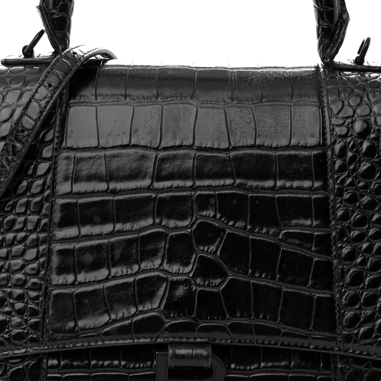 Shiny Calfskin Monochrome Crocodile Embossed Medium Hourglass Top Handle Bag Black