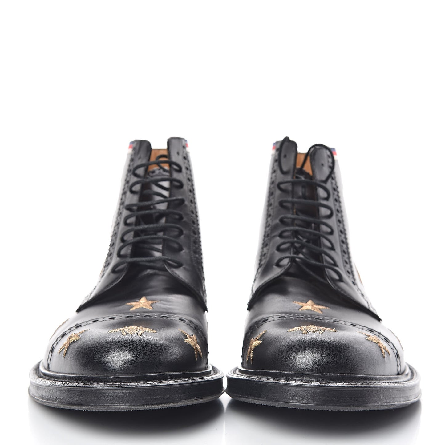 Calfskin Sylvie Web Bee Star Embroidered Mens Brogue Captoe Boots 7.5 Black